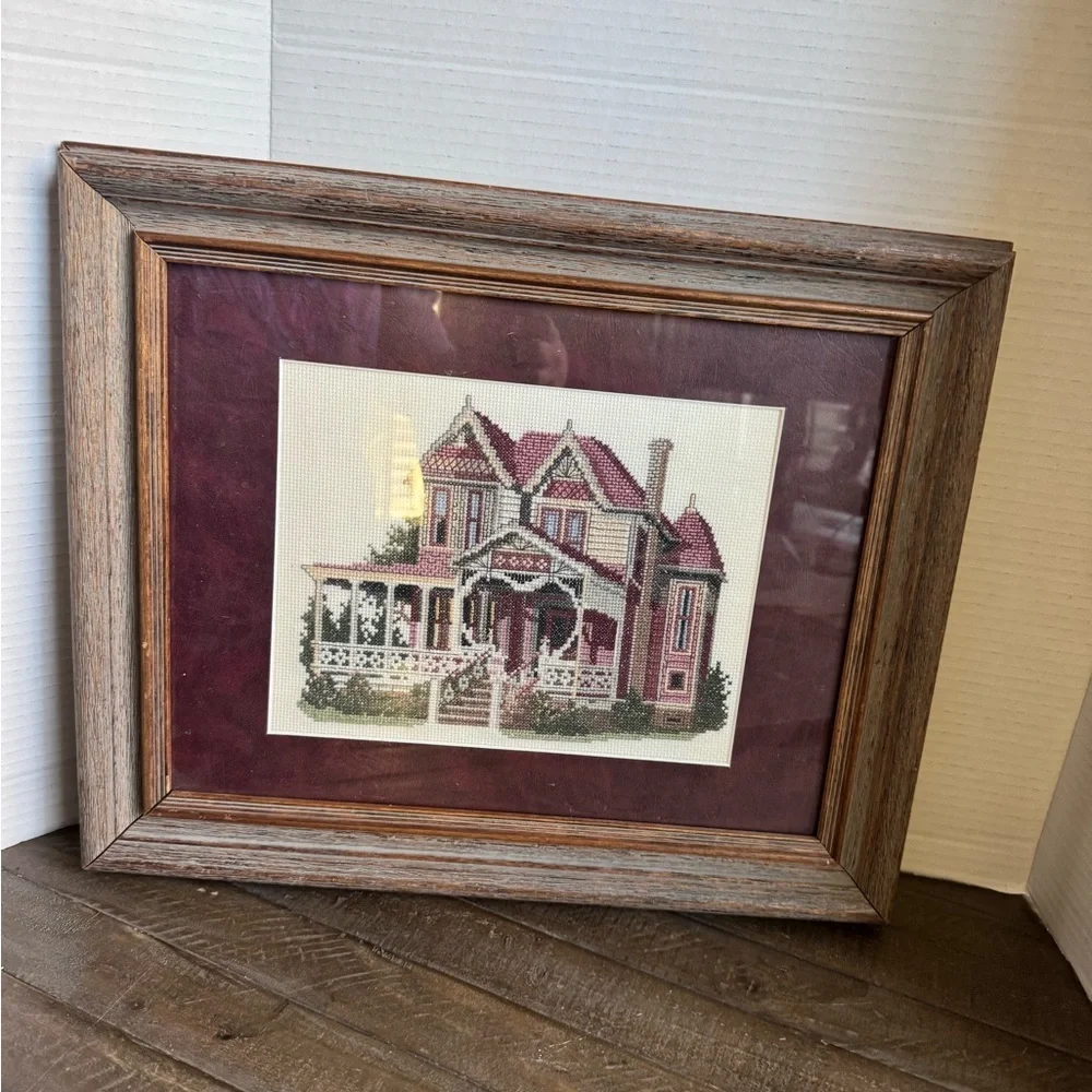 Framed Victorian House Needlepoint Art